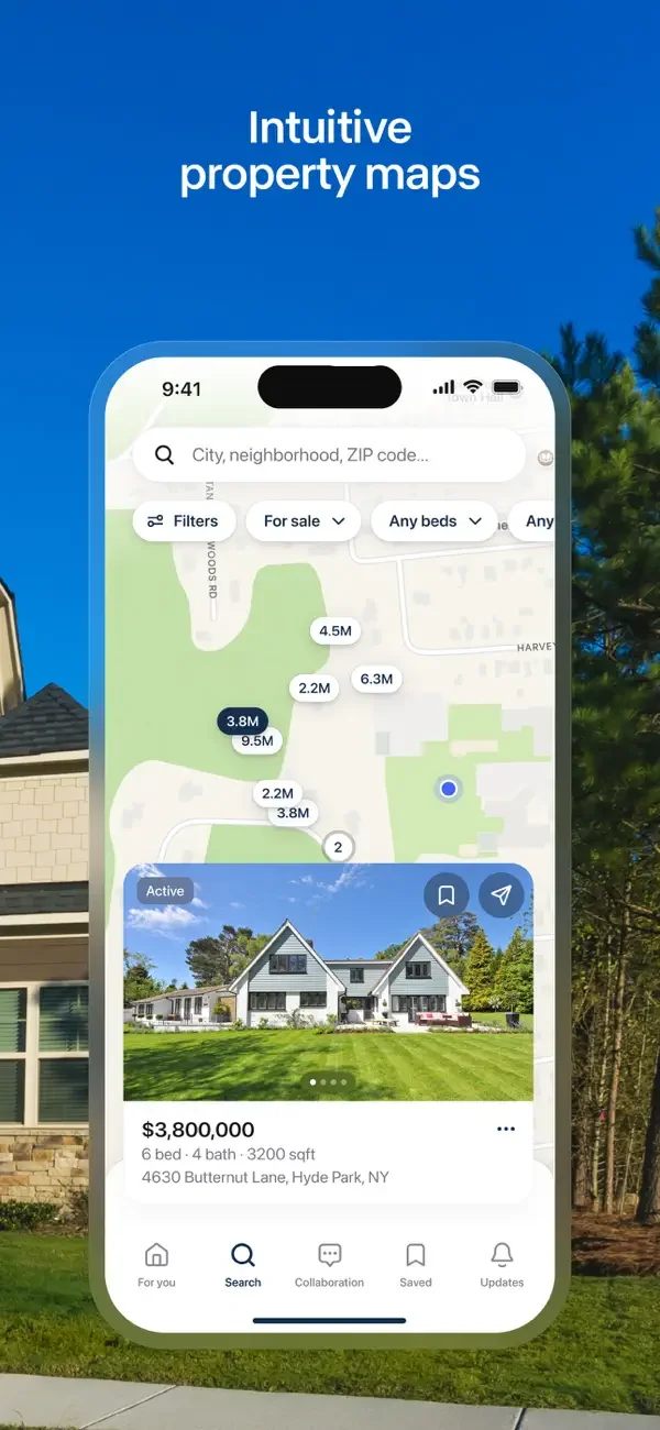 Official Garay Team app preview showing map-based property search and a property detail card.
